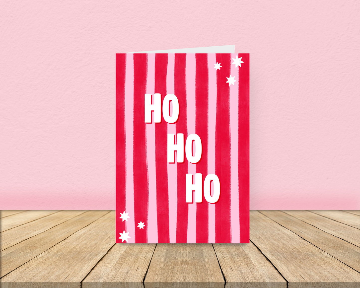 Ho Ho Ho - Pink and Red Stripes Christmas Card