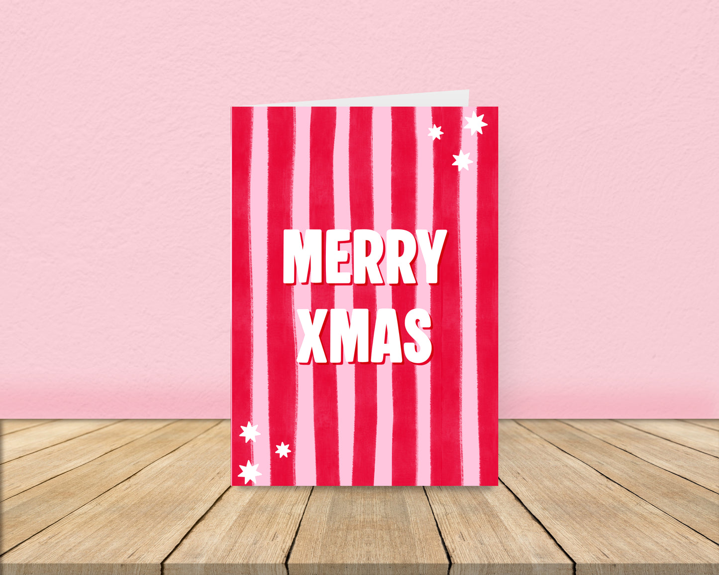 Merry Xmas - Pink and Red Stripes Christmas Card