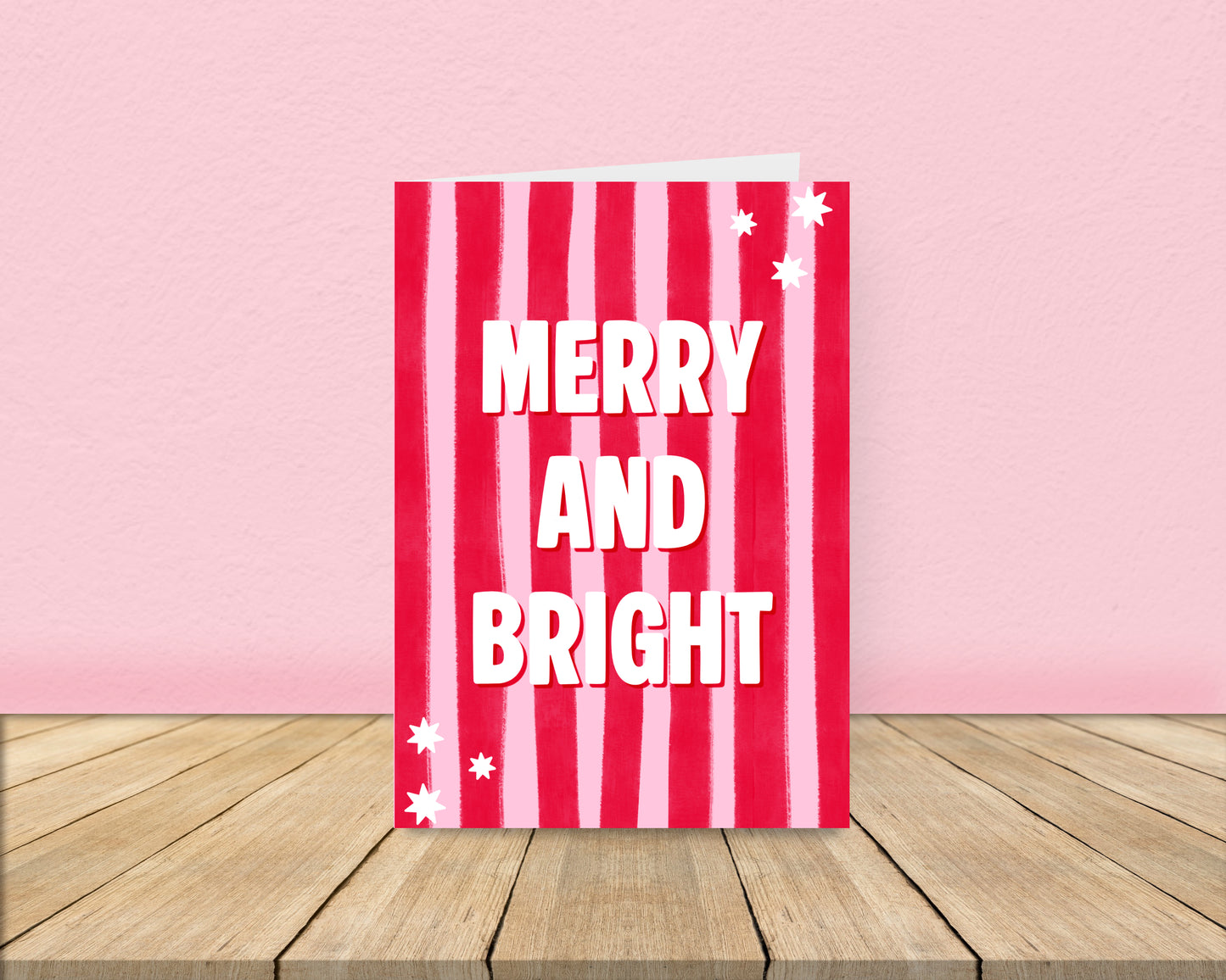Merry and Bright - Pink and Red Stripes Christmas Card