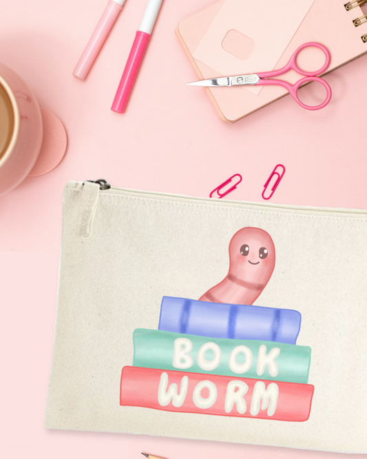 Accessories Pouch with Printed Illustration of a cute bookworm peeping over the top of a stack of books with the words Book Worm on the spine
