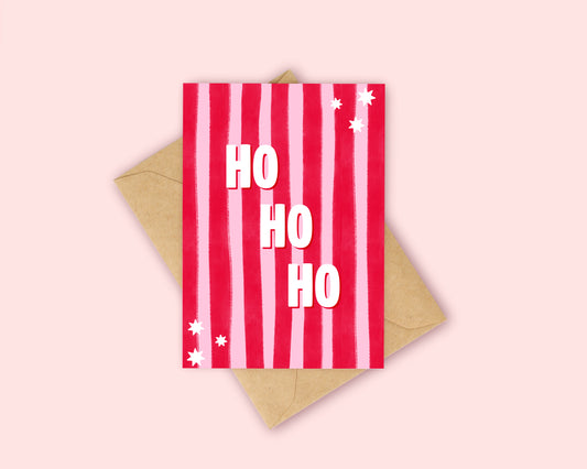 Ho Ho Ho - Pink and Red Stripes Christmas Card