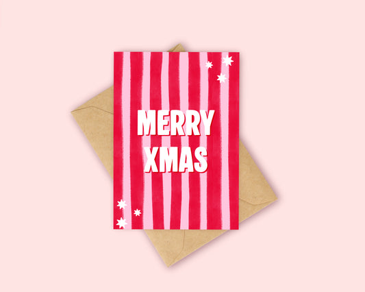 Merry Xmas - Pink and Red Stripes Christmas Card