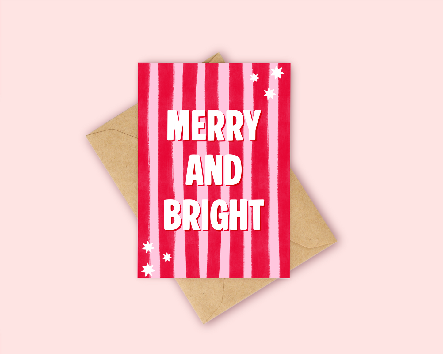 Merry and Bright - Pink and Red Stripes Christmas Card