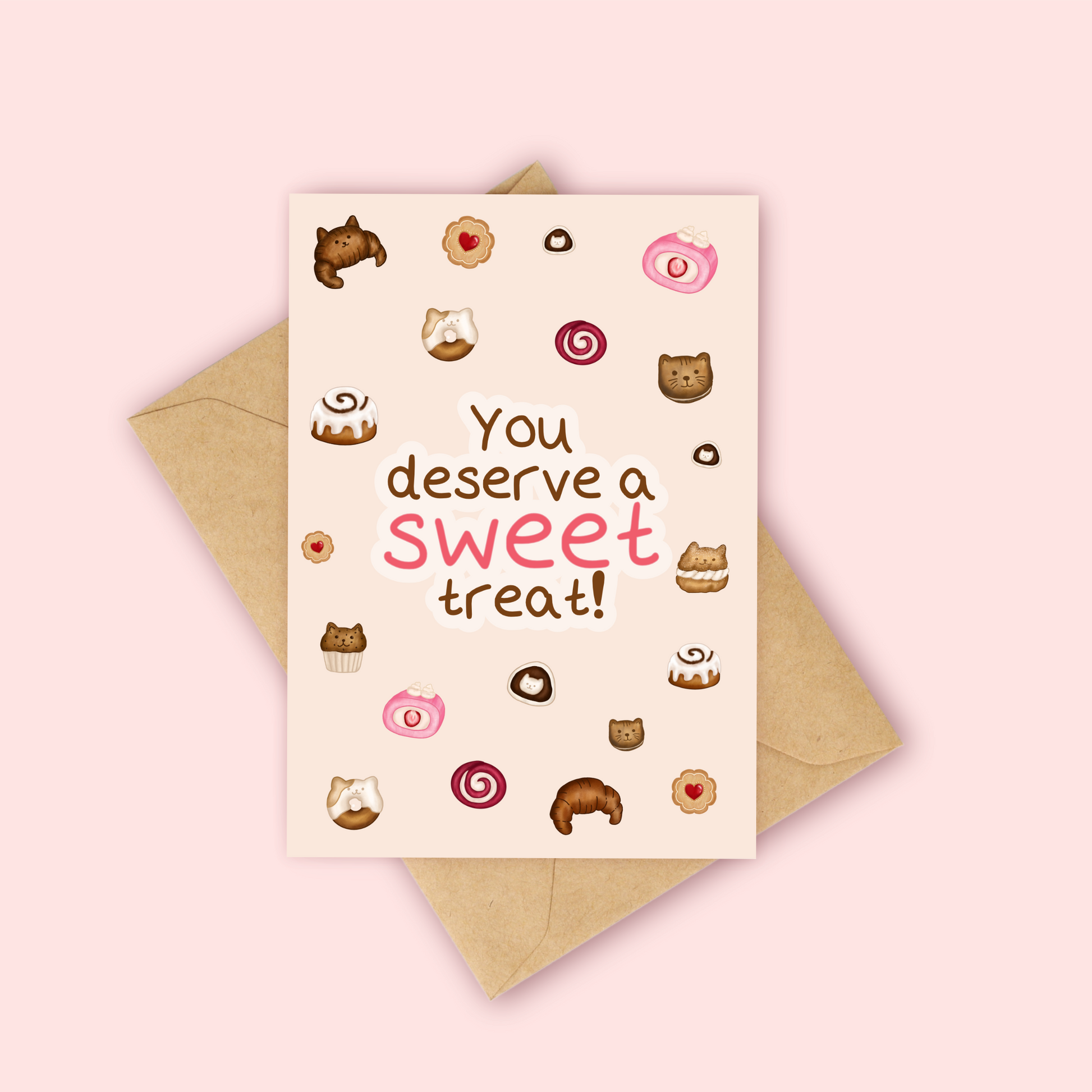 Greeting card with bakery illustrations and text 'You deserve a sweet treat!' on a neutral background